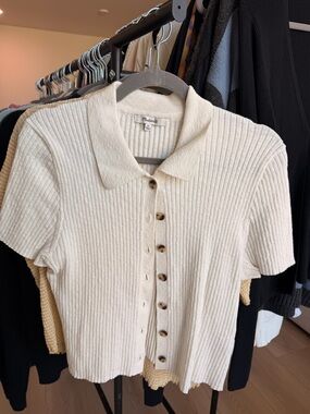 Madewell Cream Ribbed Short Sleeve Button-Up Crop Top